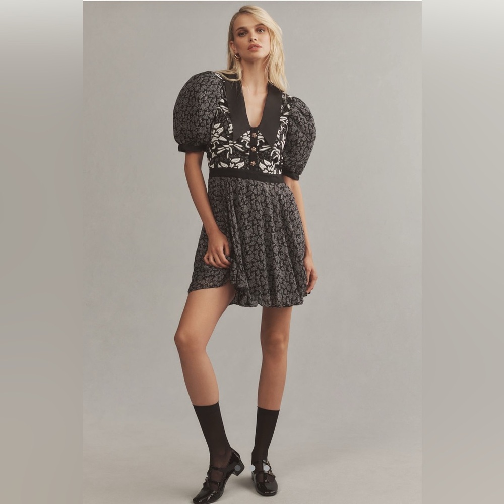 NWT Anthropologie Black and White Puff Sleeve Mini Dress